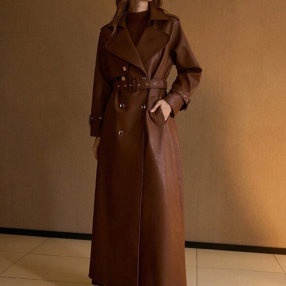 Brown Elegant Women's Double Breasted Belted Trench Coat - Picture 7 of 8